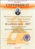 2017. Сертификат Центра педагогических инноваций им. К.Д. Ушинского "Новое образование" участника открытого Всероссийского конкурса на лучшую программу дополнительного образования "Калейдоскоп - 2017" 2017. Сертификат Центра педагогических инноваций им. К.Д. Ушинского "Новое образование" участника открытого Всероссийского конкурса на лучшую программу дополнительного образования "Калейдоскоп - 2017"