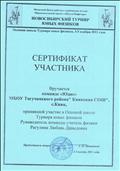 2011г. Сертификат Областного Центра работы с одаренными детьми. Образовательный проект "Школа Пифагора" за участие в Осенней школе Турнира юных физиков
2011г. Сертификат Областного Центра работы с одаренными детьми. Образовательный проект "Школа Пифагора" за участие в Осенней школе Турнира юных физиков